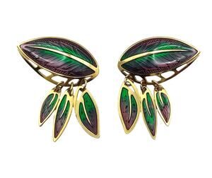 Edgar Berebi Vintage Enamel Leaf Earrings Purple Green Gold Tone Dangle Pierced